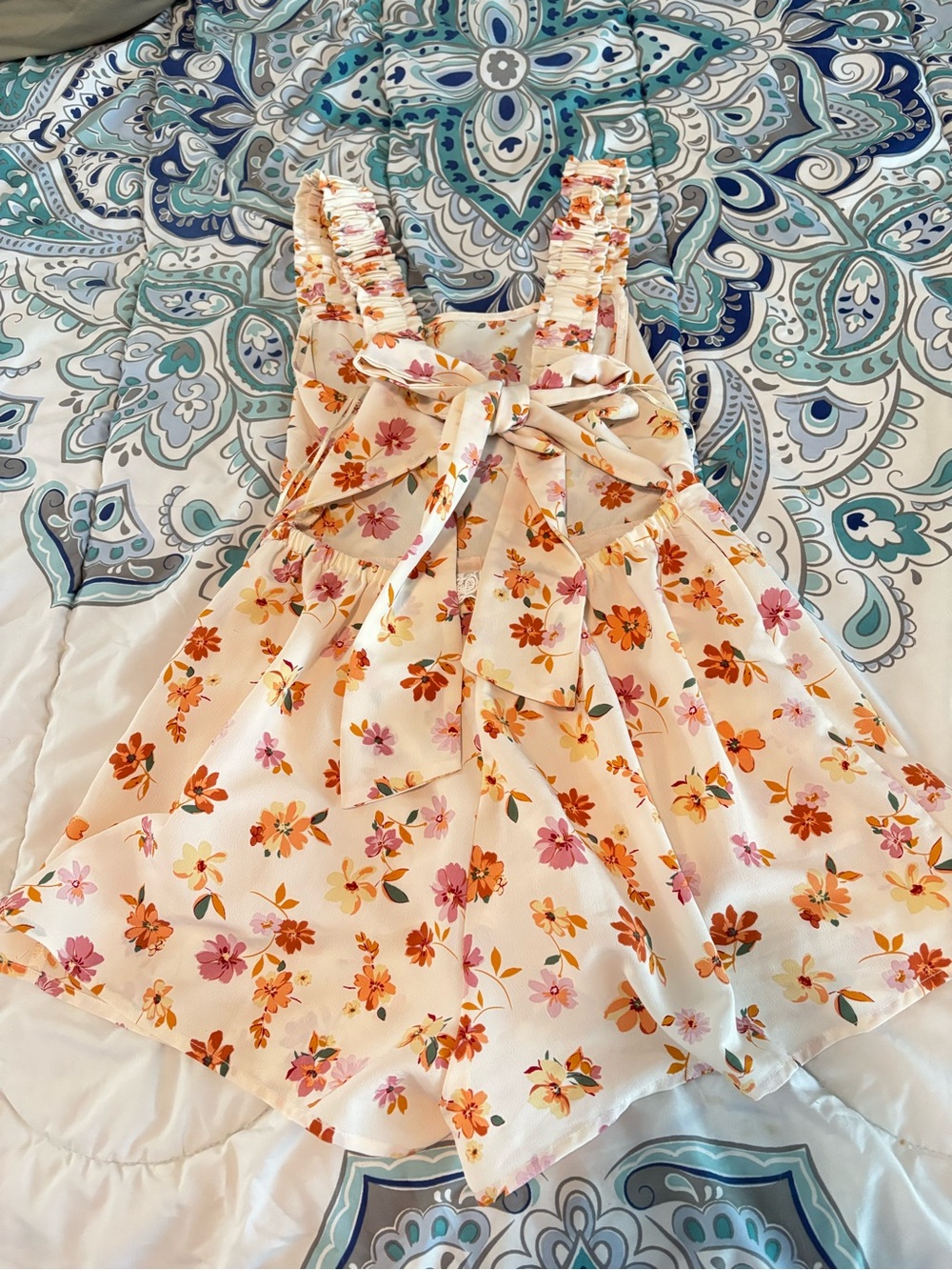 Womans Floral Tie-back Sundress - Cream with Orange & Pink Flowers